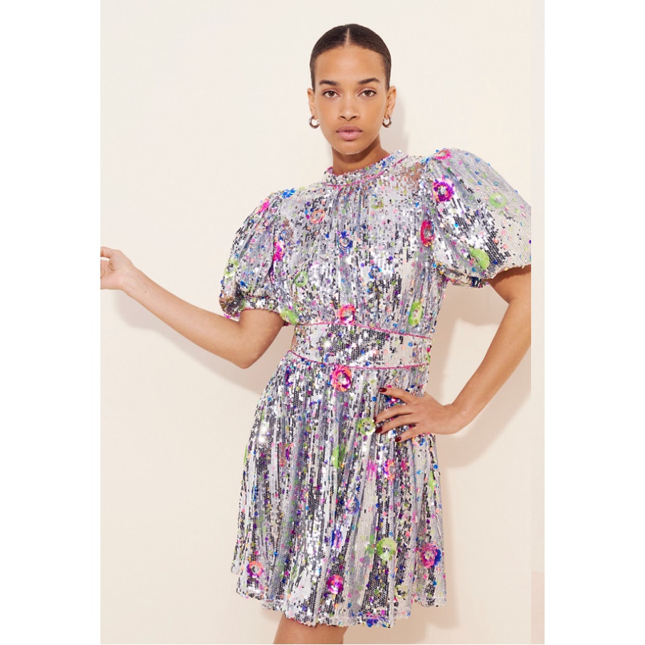 Celia B Wonderer Sequin Floral Puff Sleeve Cocktail Party Wedding Mini Dress L
